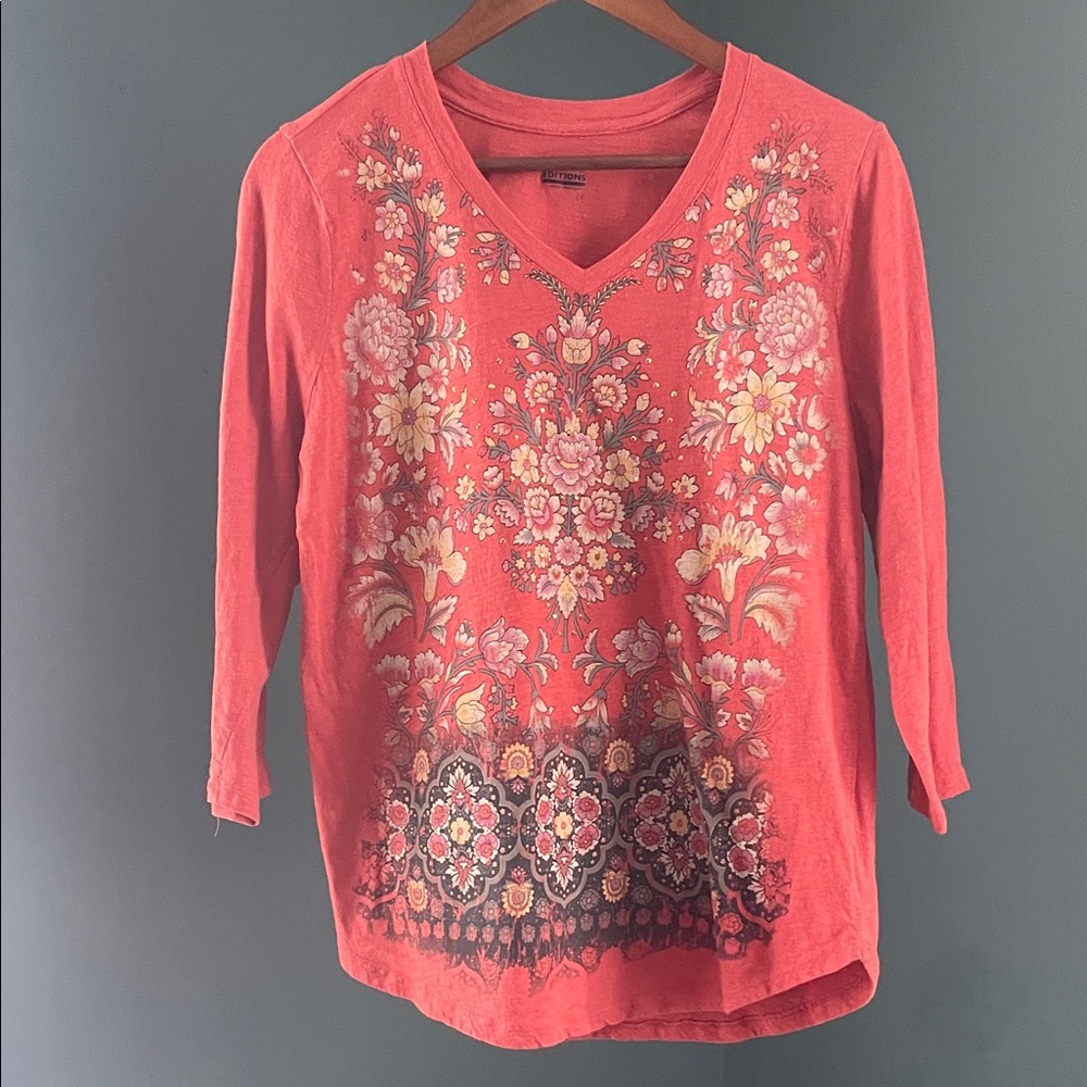 Y2K boho Coral Floral Long Sleeve Top gold embellishment